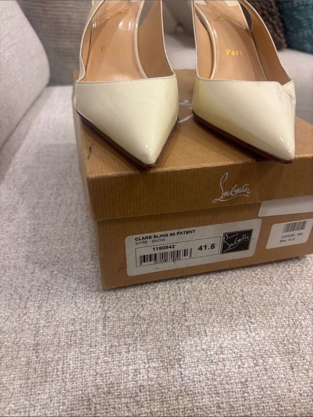 Christian Louboutin Cream Patent Clare Sling 80 Pointed Toe Pumps